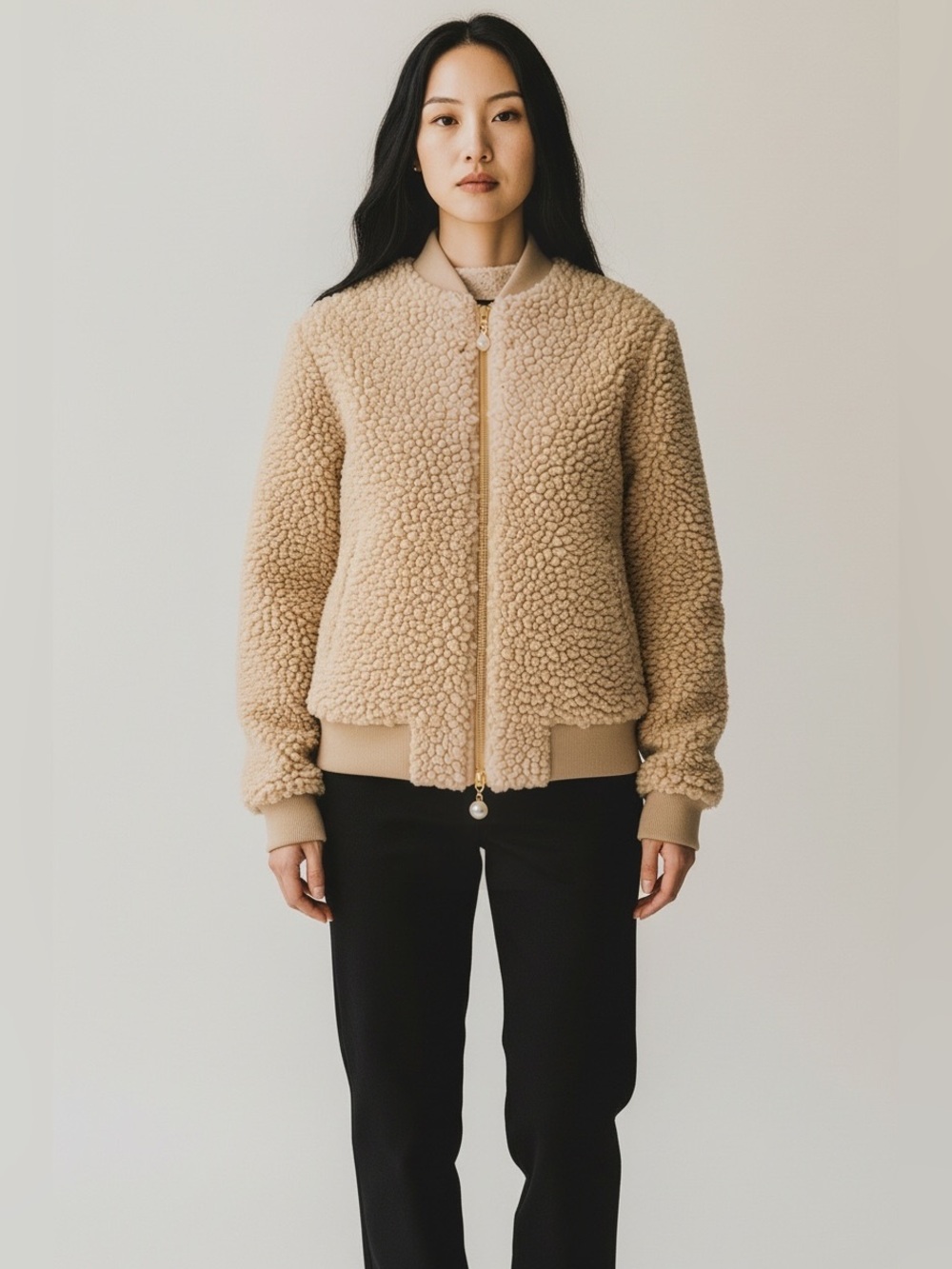 ICHI teddy bomber jacket in a light beige